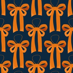 Orange bows seamless pattern. Bow ornament decor backdrop. Ribbon bow background. Festive repeating design. Perfect for wrapping, packaging, stationary, fabrics, scrapbooking. Simple flat print.