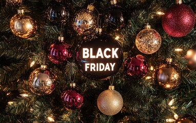 Christmas Tree Top View A top-down view of a decorated Christmas tree with sparkling ornaments and the words "BLACK FRIDAY" glowing in white at the center 
