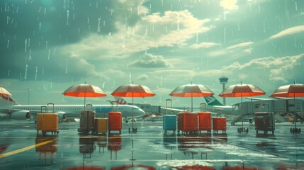 Rainy airport scene with colorful umbrellas and luggage on the tarmac.
