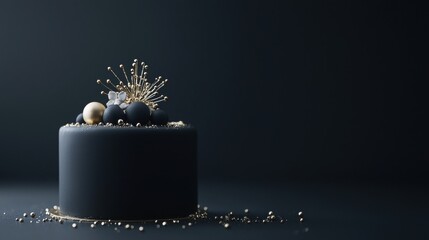 A black cake with gold decorations on top