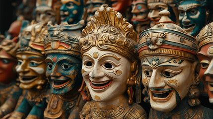 Fototapeta premium Traditional Handcrafted Masks With Ornate Designs and Vibrant Colors Displayed.
