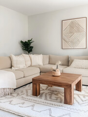 Beige Sectional Sofa in Japandi Living Room with Geometric Accents
