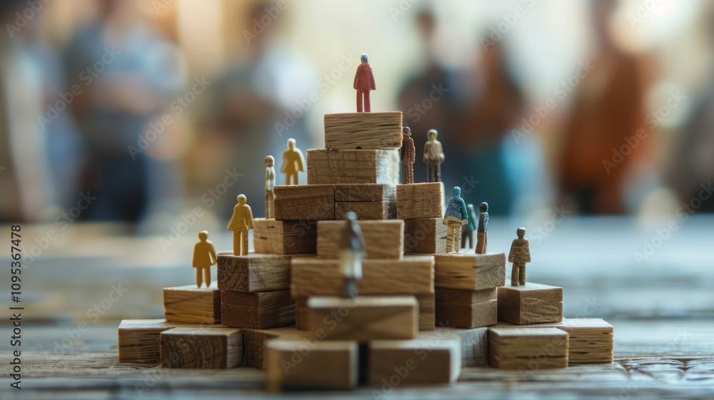Poster a pyramid of wooden blocks with figurines, symbolizing hierarchy and teamwork.