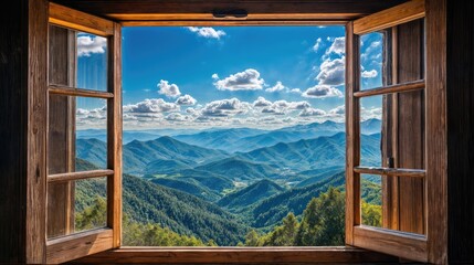 Beautiful view from the open wooden window of the mountains, hills and sky in summer.
