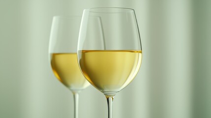 Two elegant wine glasses filled with white wine against a soft, blurred background, creating a serene and sophisticated atmosphere.