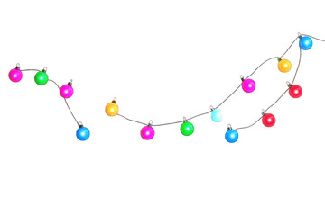 Colorful string lights in a curved design on black background.