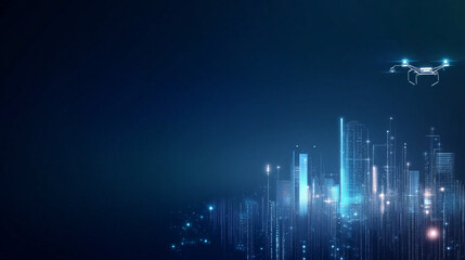 Obraz premium Futuristic City Skyline at Night with Drones and Stars