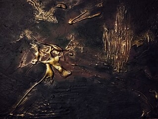 Contemporary high texture abstract painting in natural gold dark brown background composition