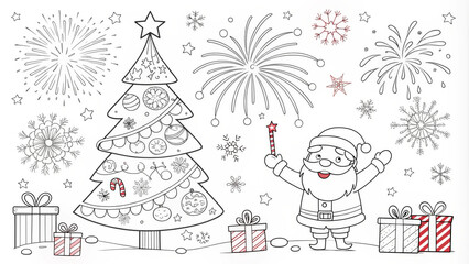 A festive black and white coloring page featuring Santa, presents, and a Christmas tree with snowflakes and fireworks. Santa looks cheerful in traditional attire, with a cartoon style perfect for colo