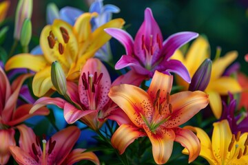 Fototapeta premium Vibrant array of lilies blooming in a garden, displaying a spectrum of colors
