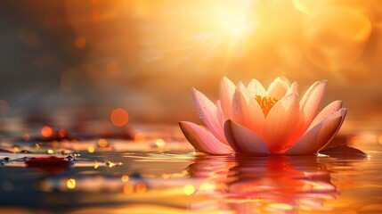 A serene pink lotus flower floats on water, illuminated by warm sunlight and soft bokeh.