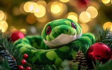 Green Snake plush toy on christmas background 