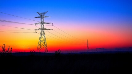 Fototapeta premium Vibrant sunset silhouettes of power lines and transmission towers in a field.