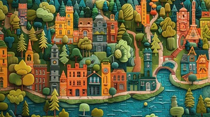 Obraz premium A vibrant, stylized landscape featuring colorful buildings, trees, and a winding river.