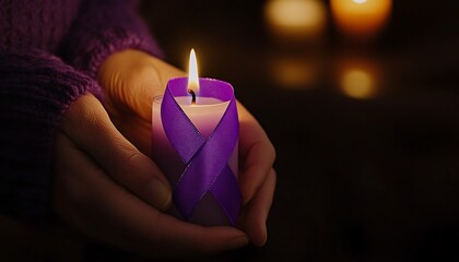 A person holds a lit candle adorned with a purple ribbon, symbolizing support for a cause.