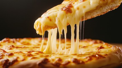 A delicious cheese pizza slice being pulled away, showcasing bubbling, stretchy cheese and a crispy crust against a dark background.