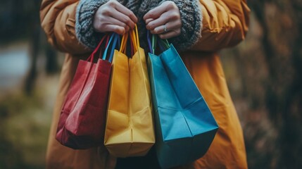 Fototapeta premium Woman holding colorful shopping bags outdoors.