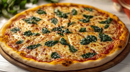 Warm, delicious pizza with melted cheese and fresh spinach awaits hungry guests at the table