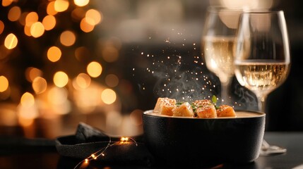 A bowl of food with a few pieces of meat