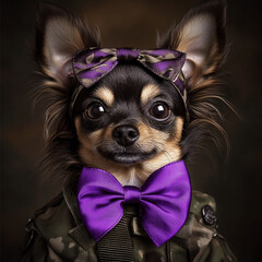 soldier chihuahua with a purple bow
