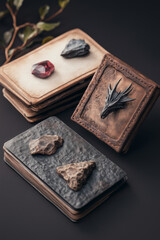 Fototapeta premium Fantasy card collection with dragon emblem and gemstones on rustic background