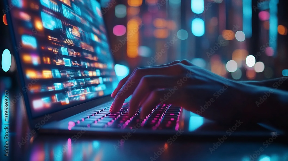 Poster hands typing on laptop with vibrant data display.