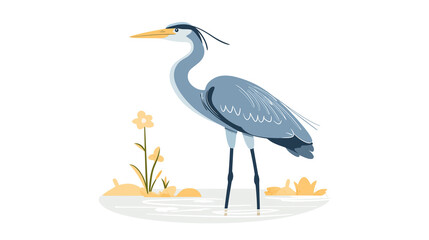 Great blue heron standing on the water with a small flower, a simple flat vector illustration on Transparent  PNG format Background. Generative AI