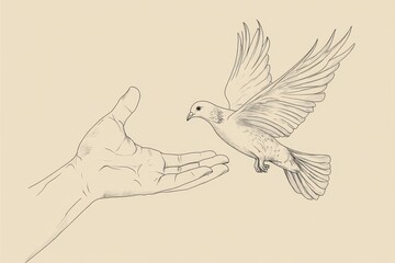 Fototapeta premium A hand reaching out to release a dove into the open air in a moment of freedom and peace