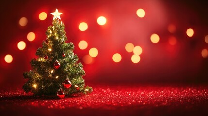 Festive Miniature Christmas Tree Red Background Lights