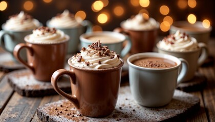 Delicious hot chocolate cups topped with whipped cream and chocolate shavings on a festive table
