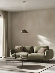 Light Green Sofa in Scandinavian Minimalist Living Room Interior