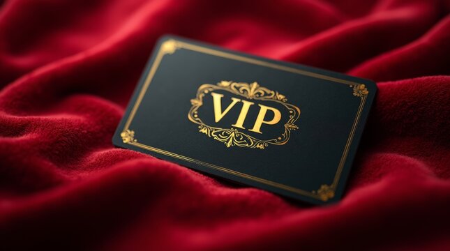 A luxurious VIP membership card displayed on a plush velvet background, emphasizing exclusivity and premium service. elegant gold lettering and intricate designs, highlighting the concept of VIP 