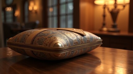 close-up of a clutch bag resting on a polished table, with soft lighting highlighting its texture and design