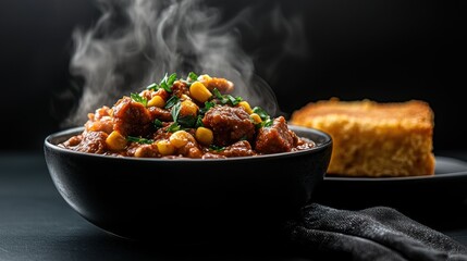 A bowl of chili with corn and a piece of cornbread on the side