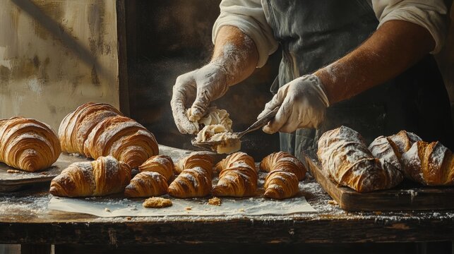 Bakers decorating cakes, trays of fresh croissants, 16:9