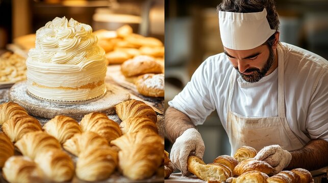 Bakers decorating cakes, trays of fresh croissants, 16:9