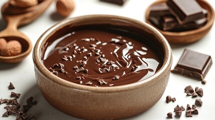 Creamy chocolate fondue swirls in a rustic bowl, inviting tasty accompaniments like nuts and chunks