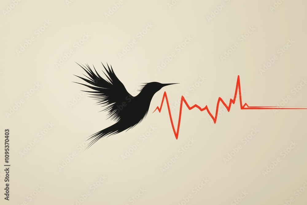 Poster bird in flight with heartbeat line symbolizing life and vitality in a minimalistic design