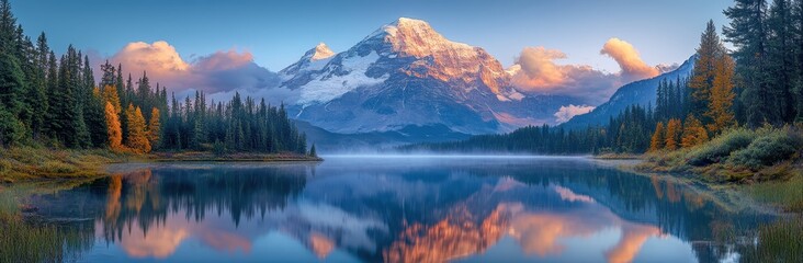 Panoramic view of Mount Robson towering over a lush valley in British Columbia.