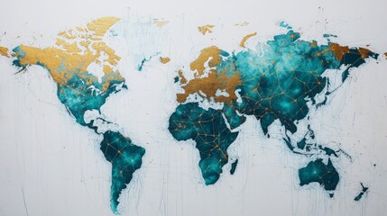 World map with overlaying connections or economic data, blues and whites with golden accents to convey trust and prestige, layered digital grids or faint data streams, 16:9