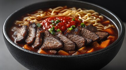 Tasty noodles in savory broth with tender beef and fresh herbs evoke comfort