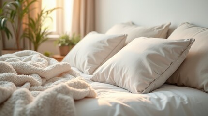 soft pillow on a neatly made bed, surrounded by cozy blankets and a gentle morning light streaming through the window, comfort and relaxation, perfect for a peaceful morning