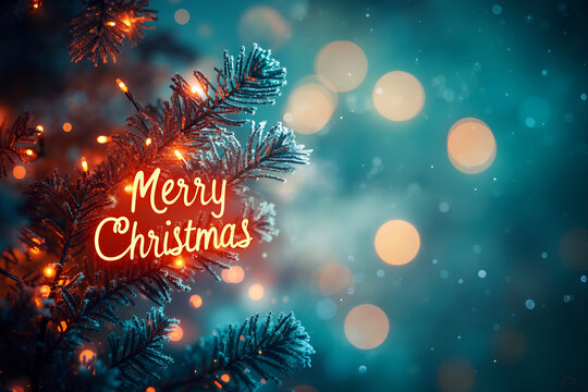 Glowing warm orange Merry Christmas lettering and lights on Christmas tree with bokeh lights on blue background - Powered by Adobe