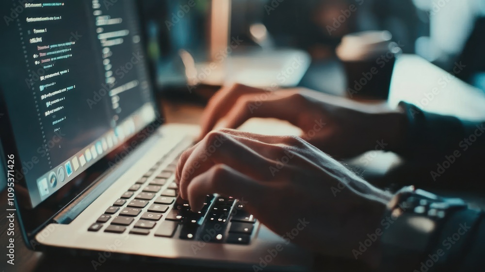 Poster Close-up of Hands Typing on Laptop Keyboard with Code Displayed on Screen
