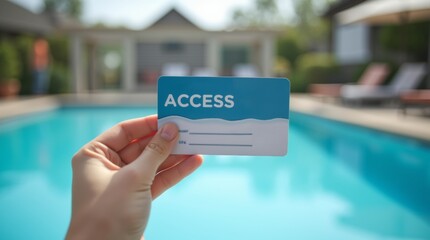 Close-up of a hand holding a swimming pool access pass, Pool in the blurred background with clear blue water and poolside chairs