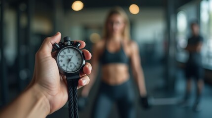 Close-up of a personal trainer's hand with a stopwatch timing a workout, Blurred gym background with client exercising, professional and focused atmosphere