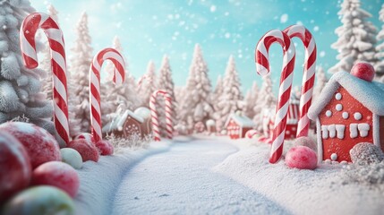 A whimsical, candy themed background with oversized candy canes and gumdrops, gingerbread houses and a snowy candy land, 16:9