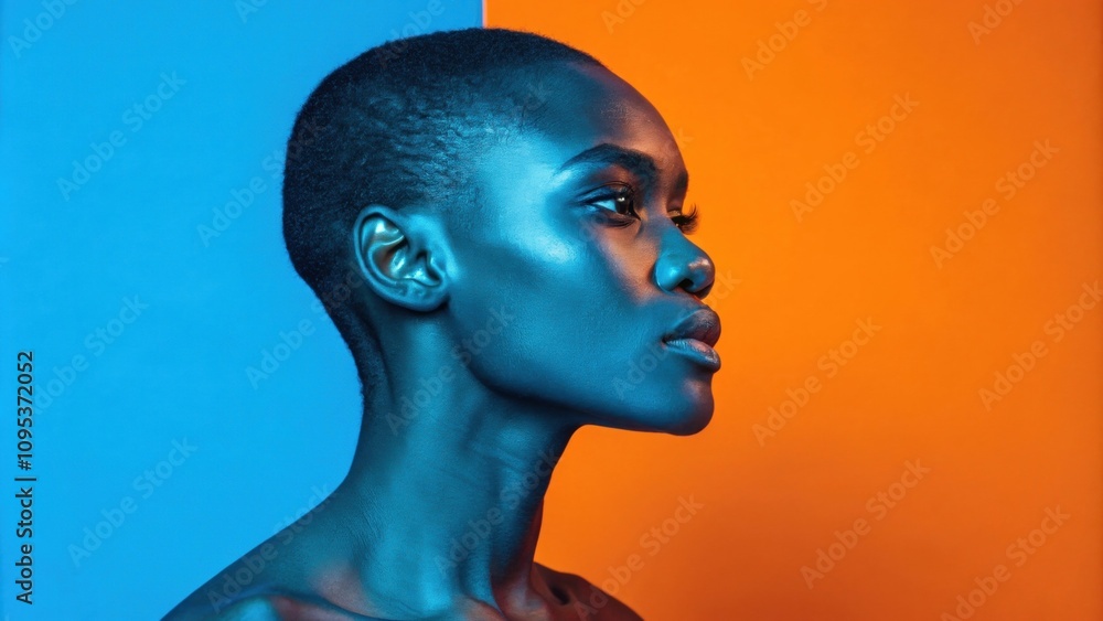 Poster In this electrifying portrait the subjects left profile is highlighted by a deep azure while the right side shines with a vibrant tangerine. The interplay of colors accentuates the