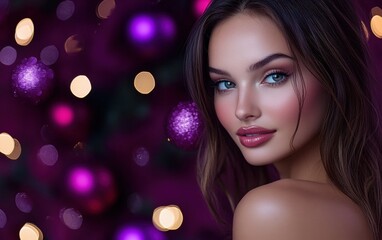 a close-up portrait of beautiful woman on purple christmas background 