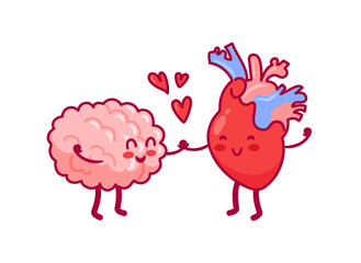 Balance between heart and brain, cute kawaii characters. The concept of harmony of mind and feelings. Vector illustration in flat style for banner, poster, card.